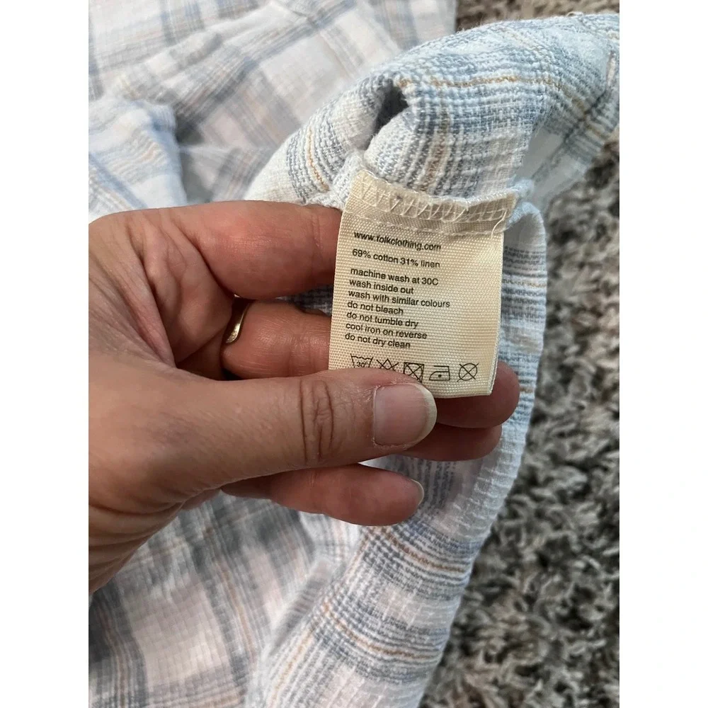 Folk Mens Blue White Plaid Cotton Linen Short Sleeve Camp Collar Shirt Large